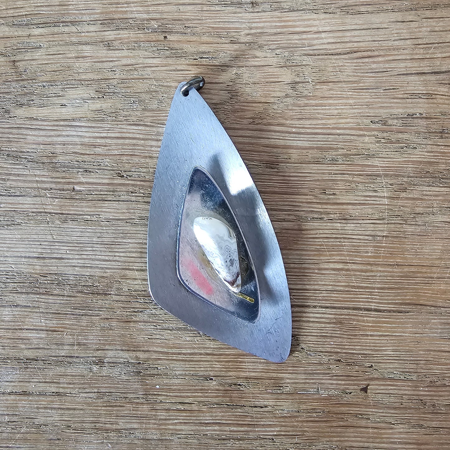 1970s modernist stainless steel pendant with small agate stone inlay