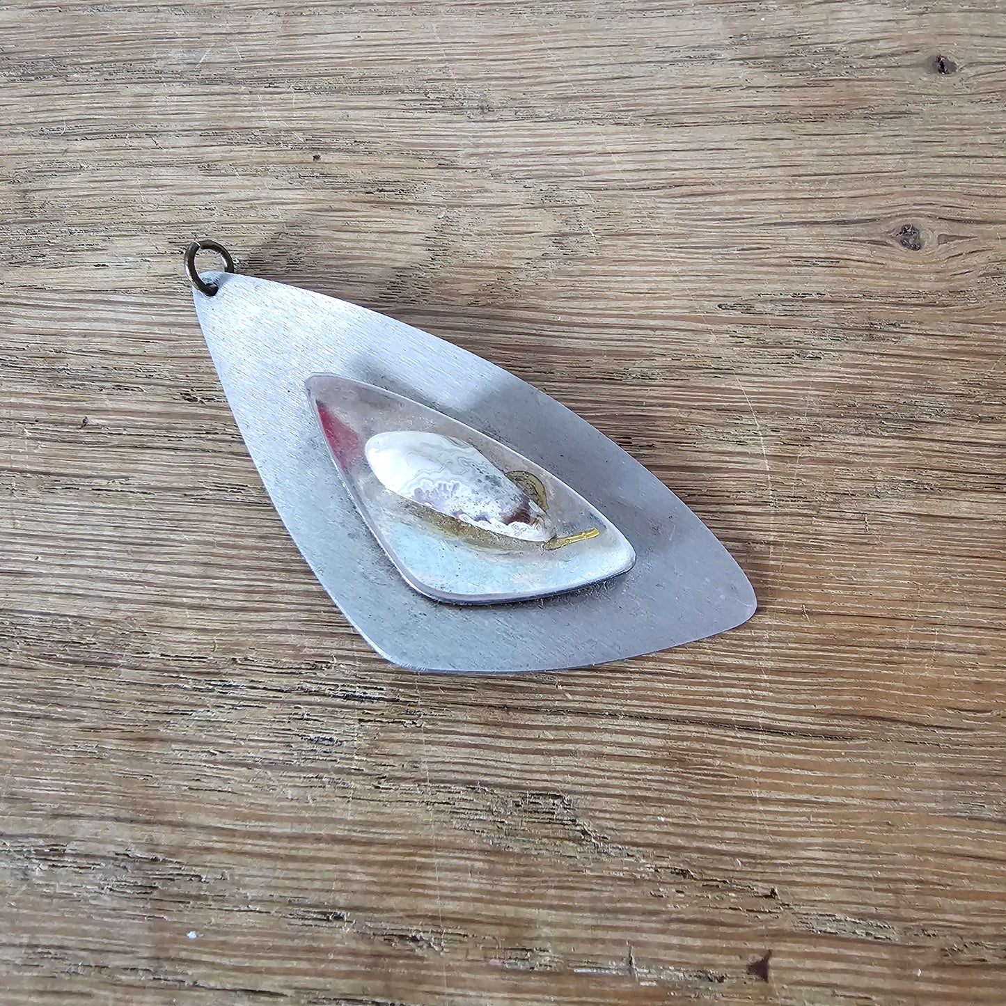1970s modernist stainless steel pendant with small agate stone inlay