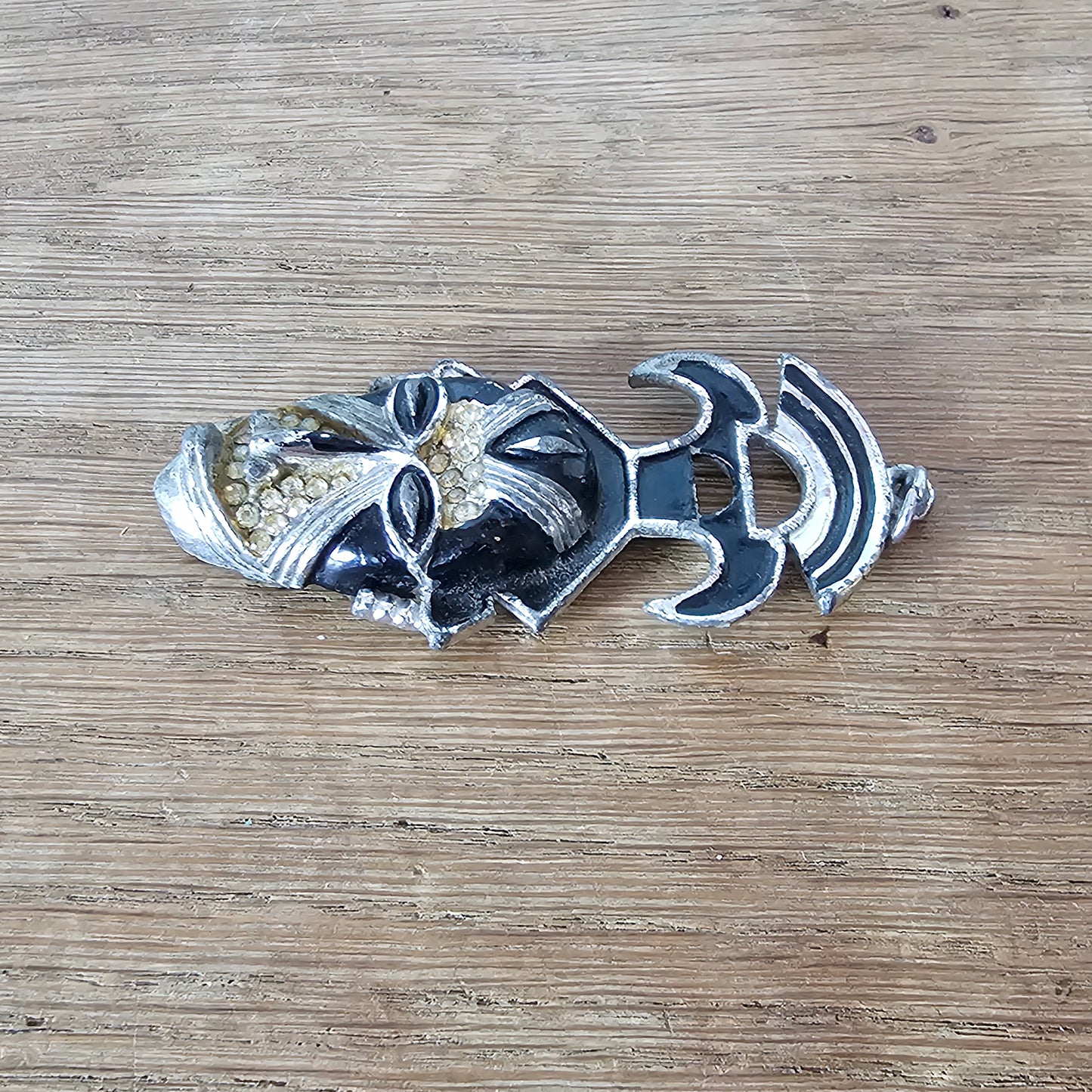 Vintage Coro Art Deco-style silver-tone & black enamel tribal mask pendant