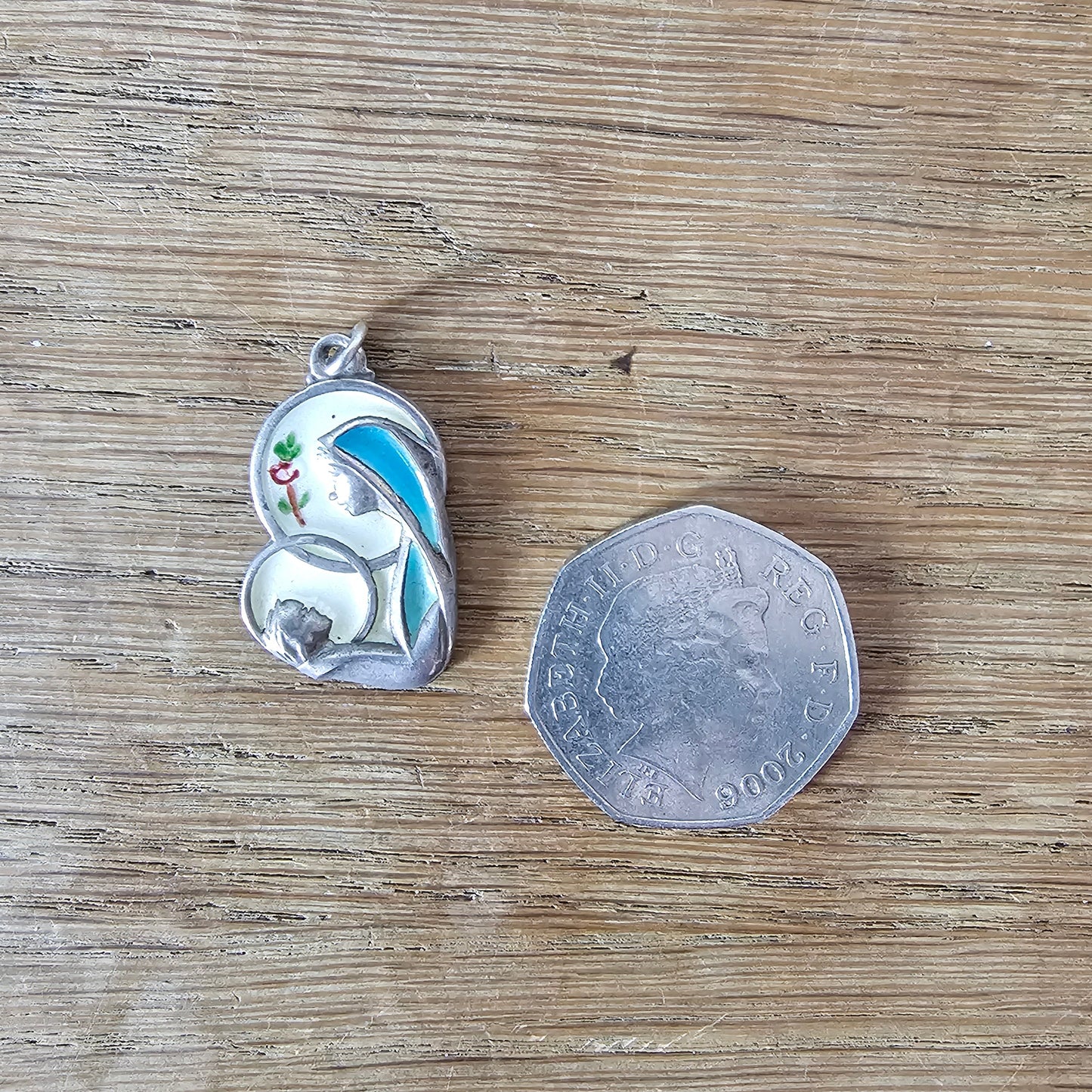 circa. 1960s Creed Stirling Silver enamelled Madonna & Child pendant