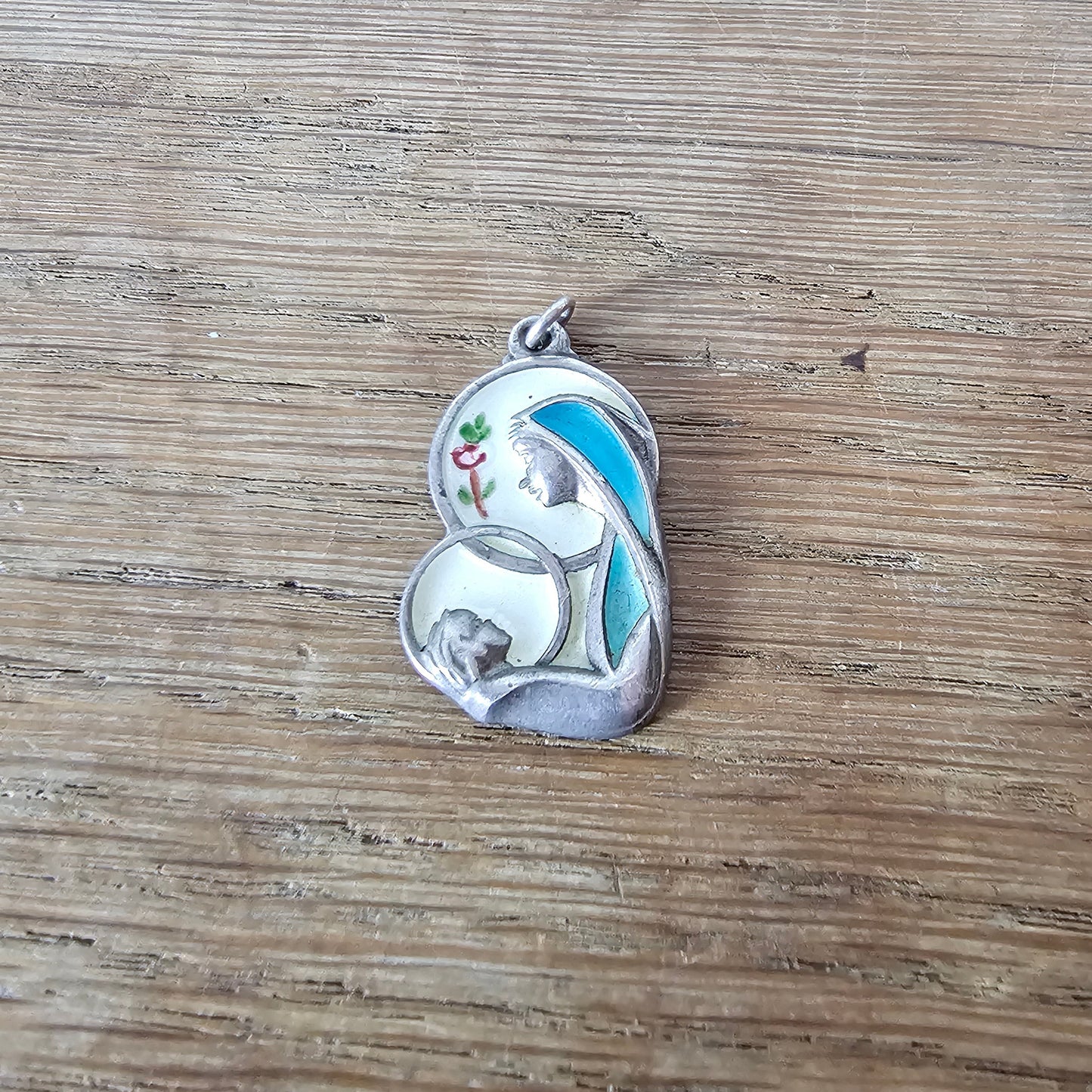 circa. 1960s Creed Stirling Silver enamelled Madonna & Child pendant