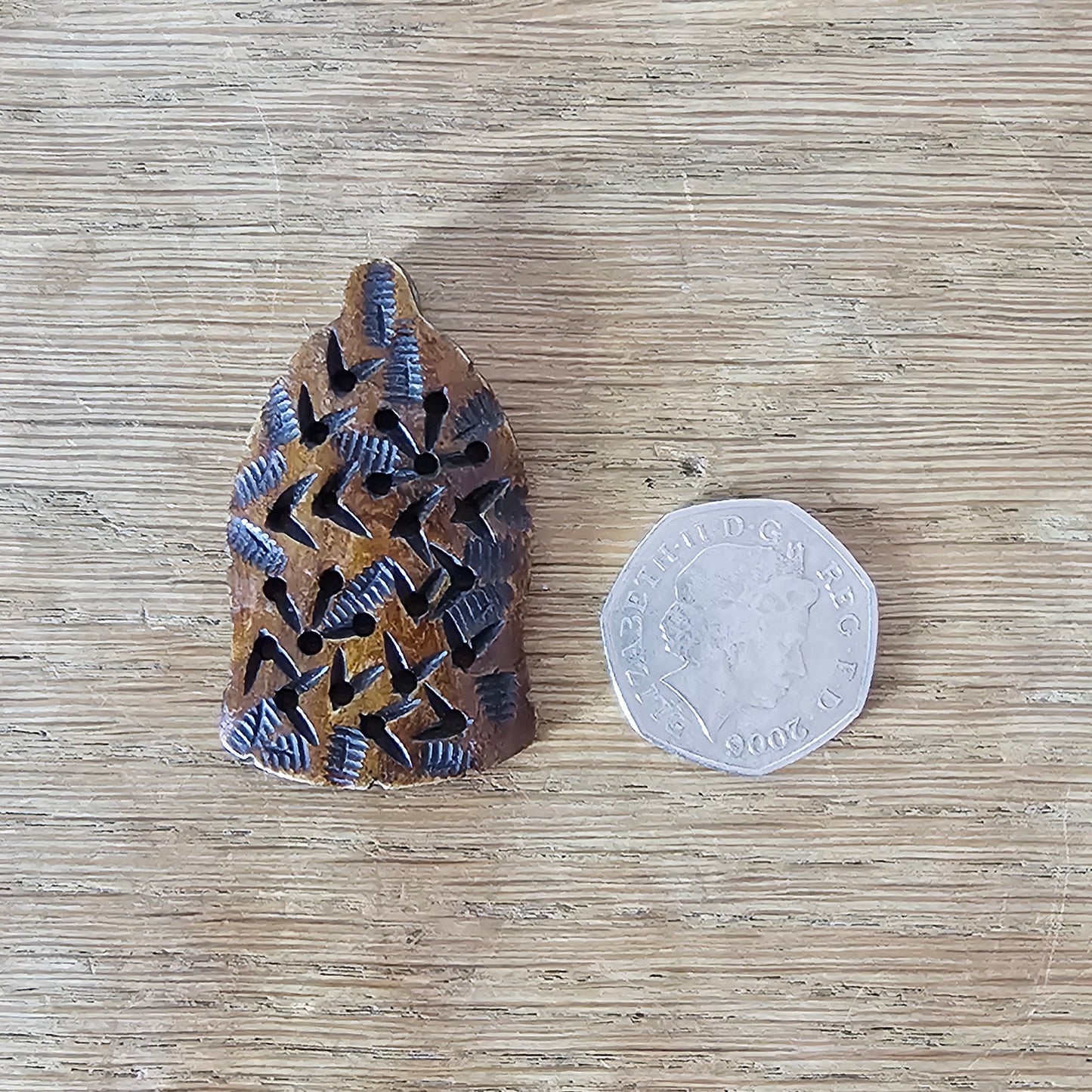1970s/80s hand-carved wooden pendant with rustic pierced design