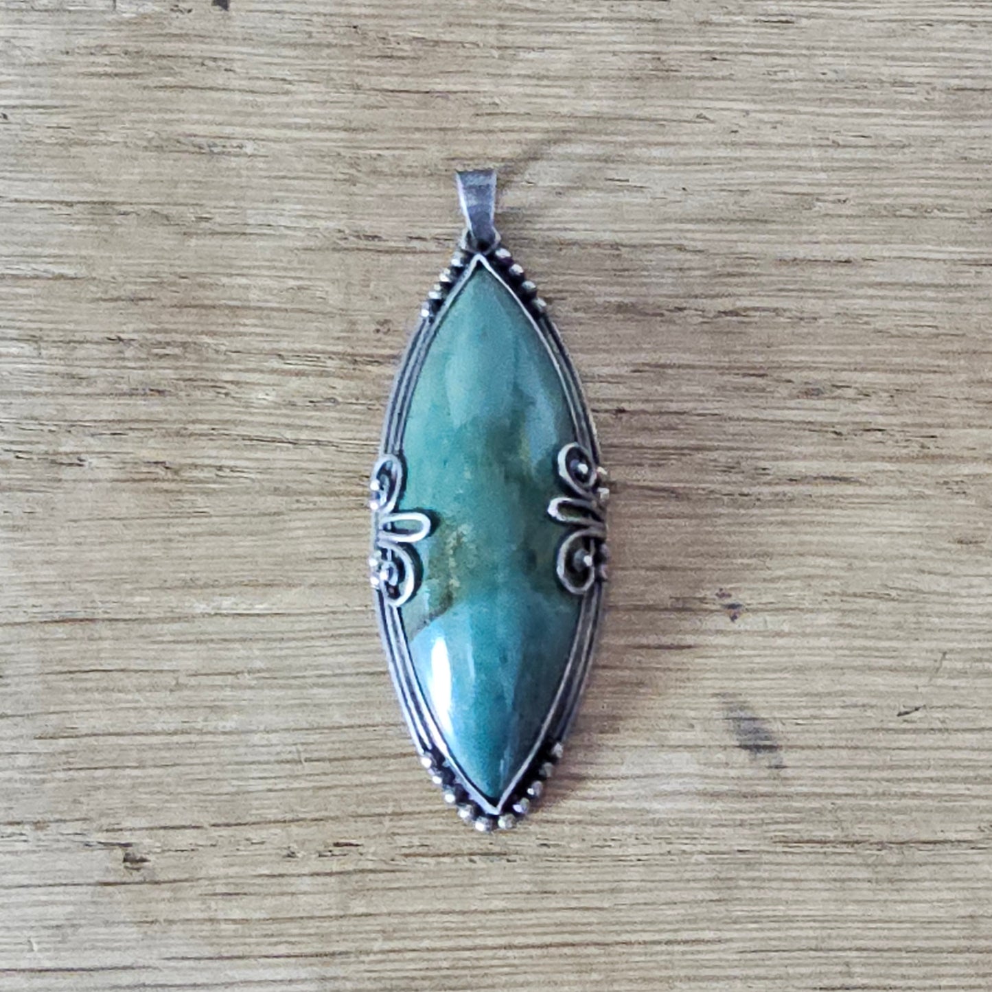 1970s large silver-tone pendant with green Amazonite stone
