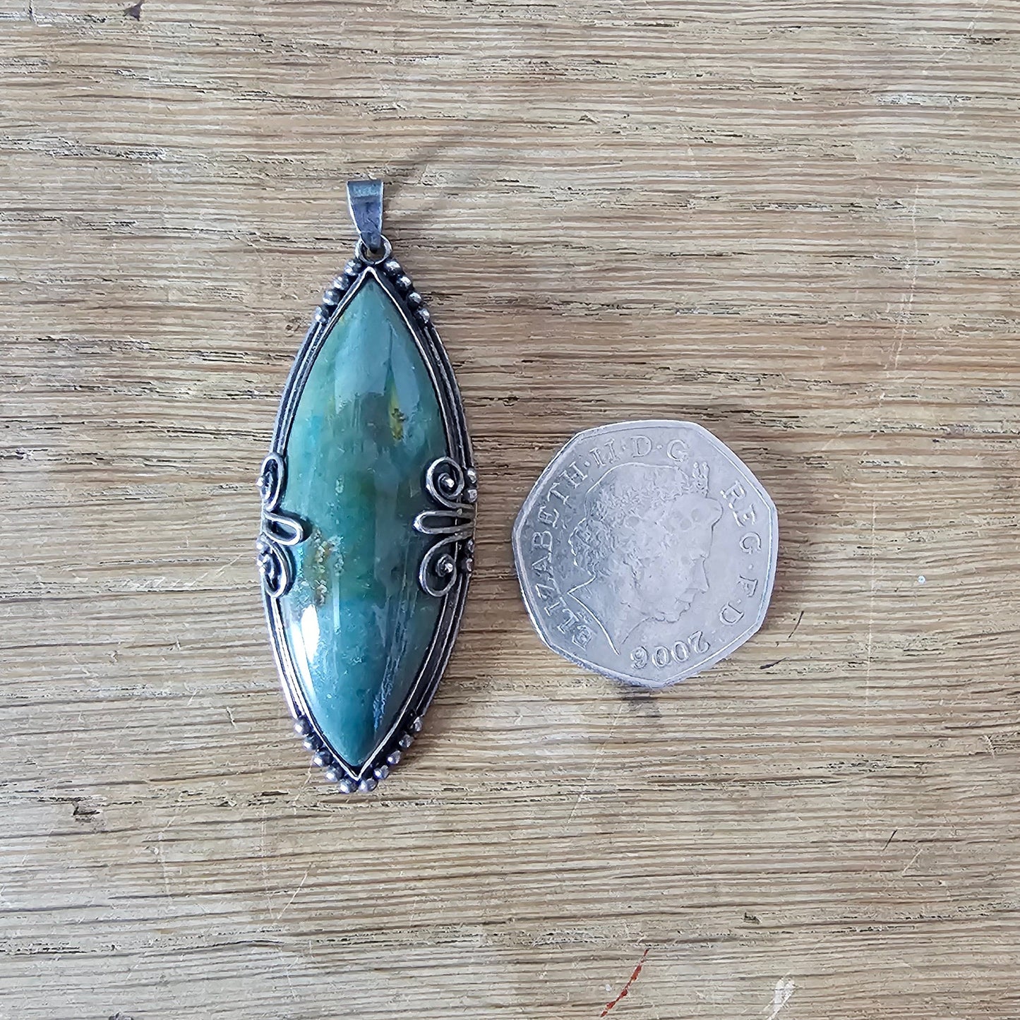 1970s large silver-tone pendant with green Amazonite stone