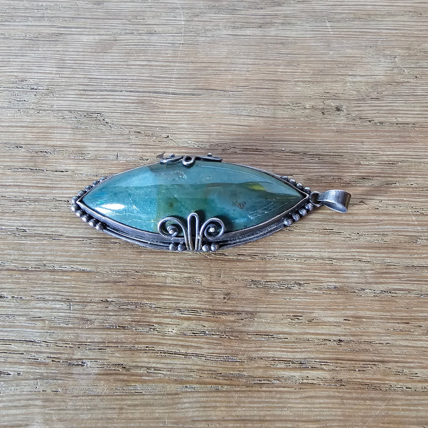 1970s large silver-tone pendant with green Amazonite stone