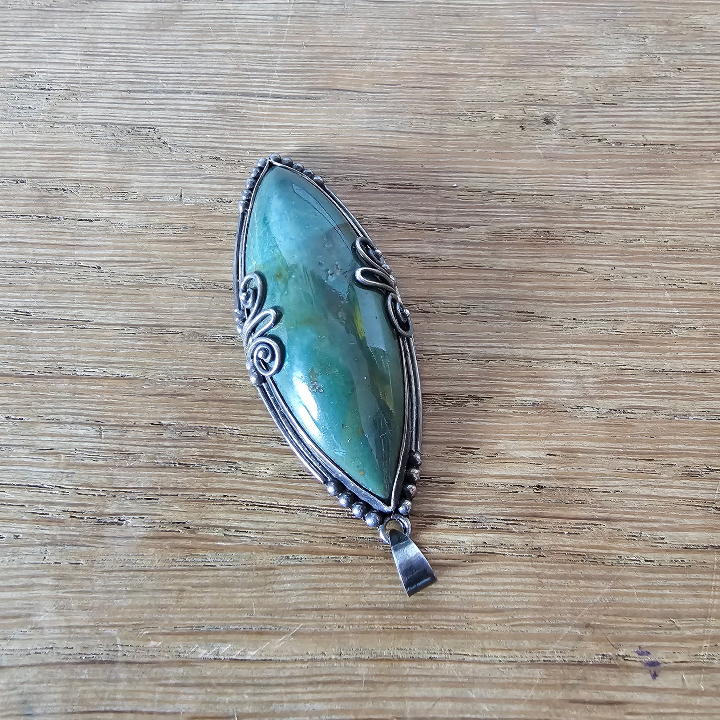 1970s large silver-tone pendant with green Amazonite stone