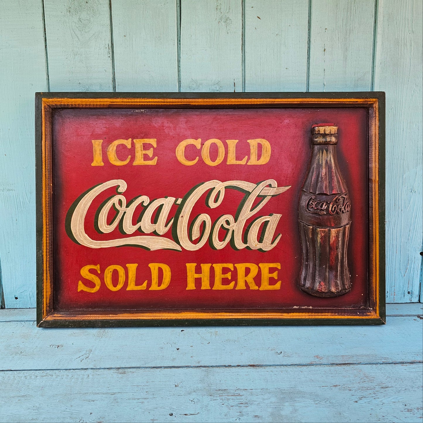 Large vintage hand-painted Coca-Cola 'Ice Cold Coca-Cola Sold Here' 3D wall plaque sign