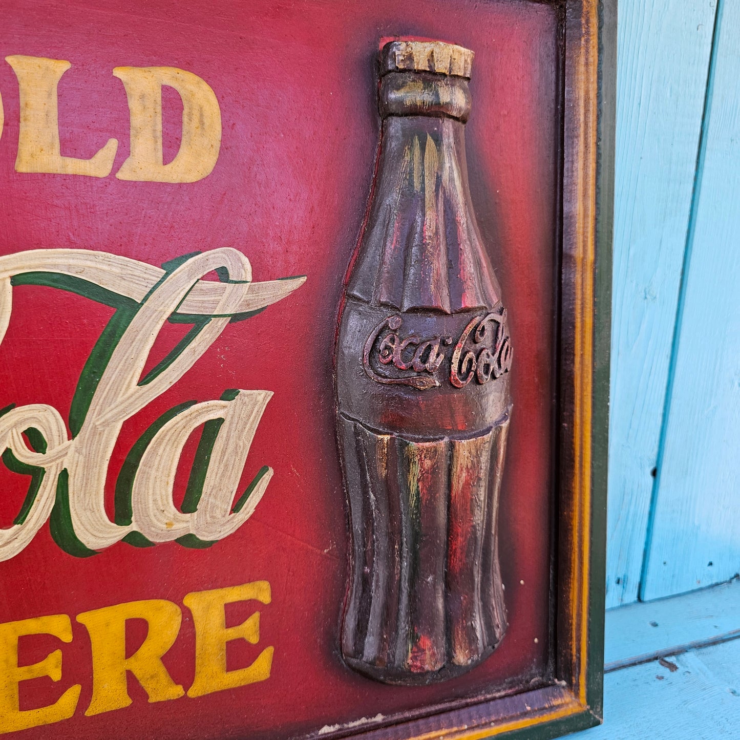 Large vintage hand-painted Coca-Cola 'Ice Cold Coca-Cola Sold Here' 3D wall plaque sign