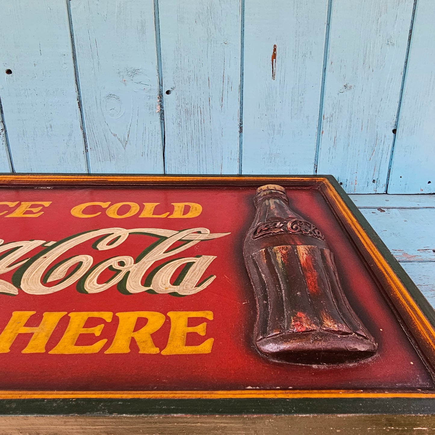 Large vintage hand-painted Coca-Cola 'Ice Cold Coca-Cola Sold Here' 3D wall plaque sign