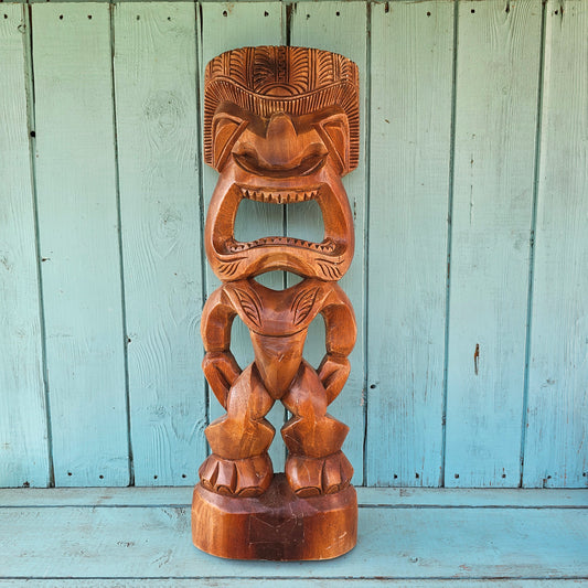 Large vintage hand-carved wooden tiki figure statue