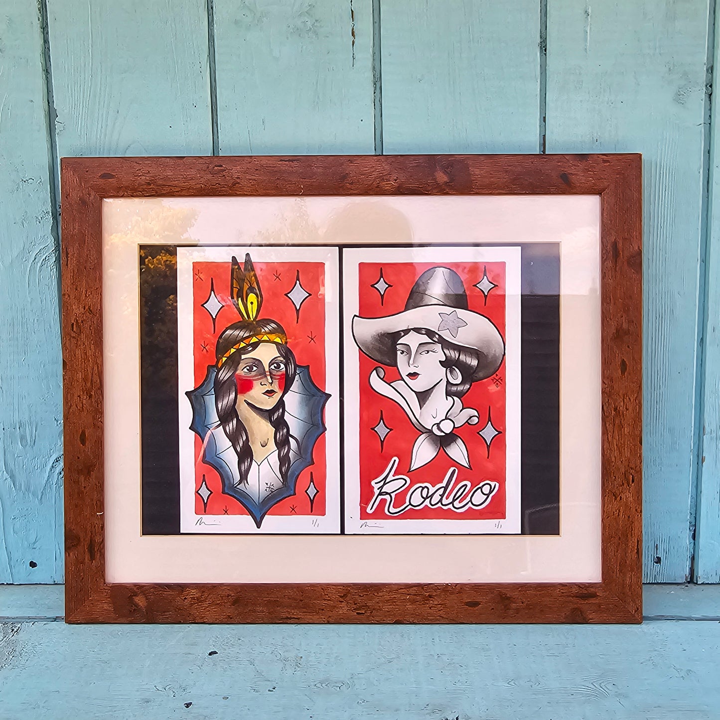 Original Tattoo Flash Diptych – Rodeo & Portrait – 1/1 Hand-Painted by Paul Tipping (Framed)