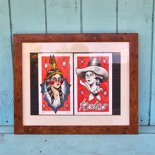 Original Tattoo Flash Diptych – Rodeo & Portrait – 1/1 Hand-Painted by Paul Tipping (Framed)