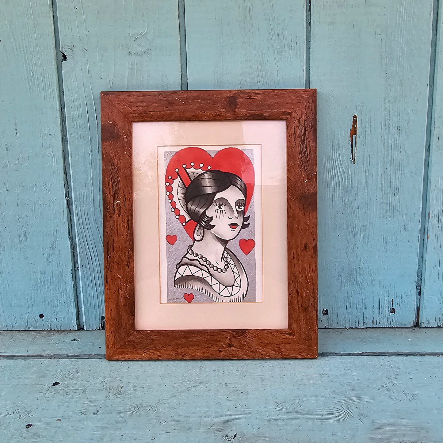 Original Tattoo Flash Artwork – Queen of Hearts – 1/1 Hand-Painted by Paul Tipping (Framed)