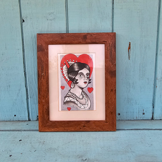 Original Tattoo Flash Artwork – Queen of Hearts – 1/1 Hand-Painted by Paul Tipping (Framed)