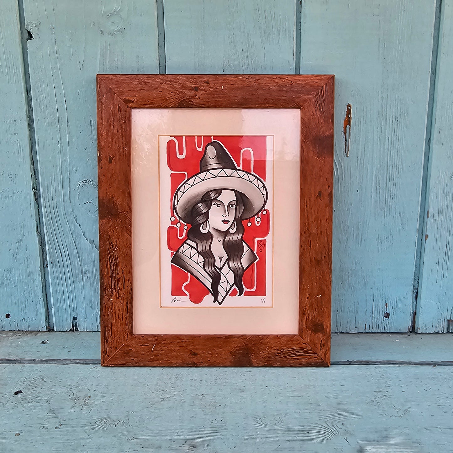 Original Tattoo Flash Artwork – Western/Sombrero Portrait – 1/1 by Paul Tipping (Framed)