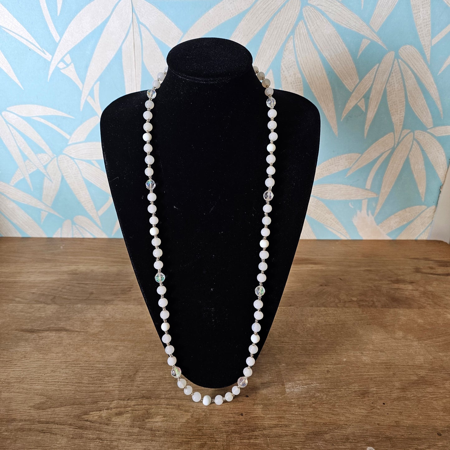 1970s long moonglow glass & faceted crystal bead necklace
