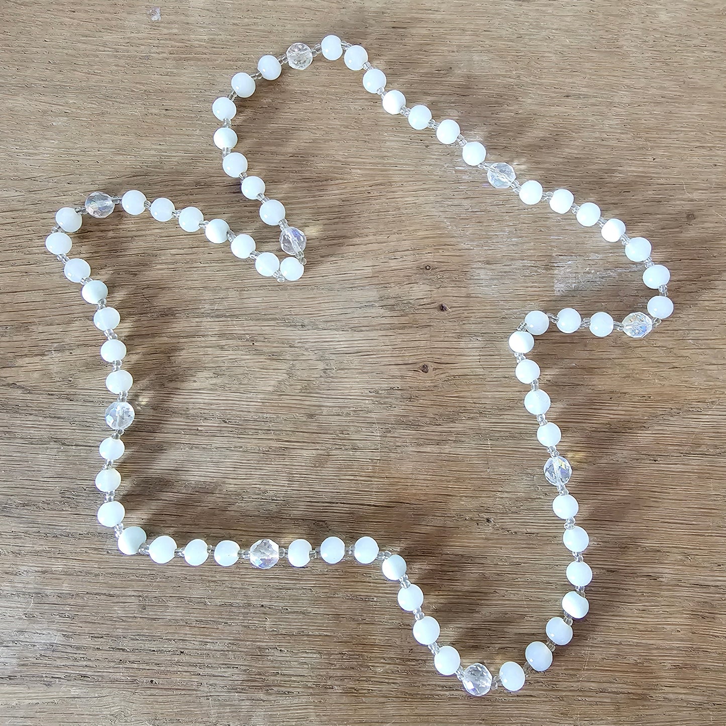 1970s long moonglow glass & faceted crystal bead necklace