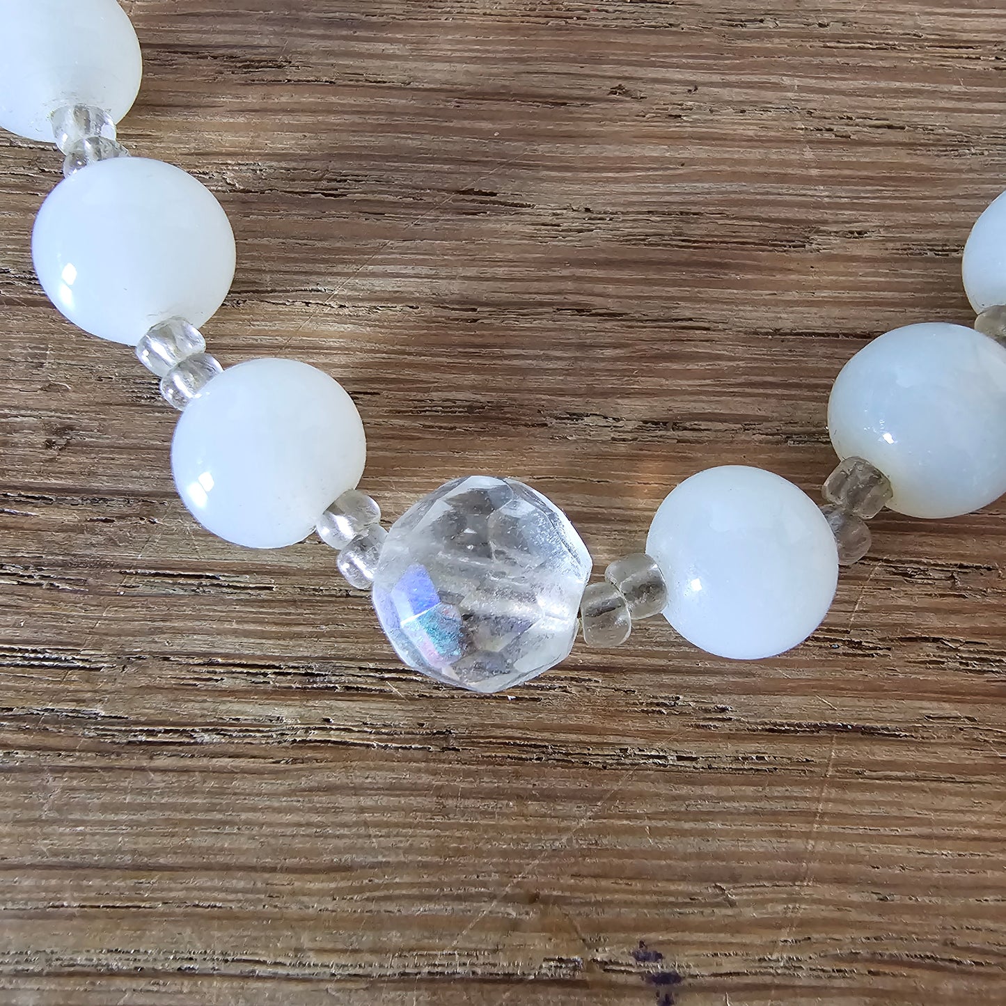 1970s long moonglow glass & faceted crystal bead necklace