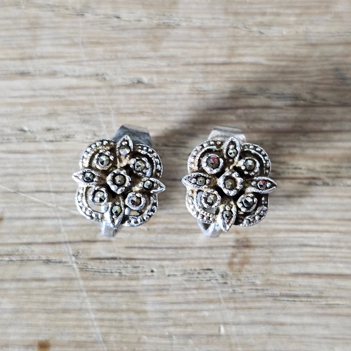 1940s silver-tone marcasite flower clip on earrings