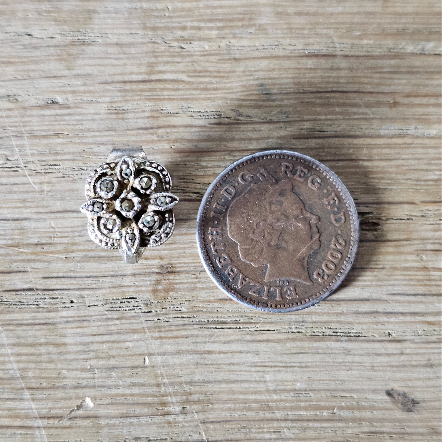 1940s silver-tone marcasite flower clip on earrings