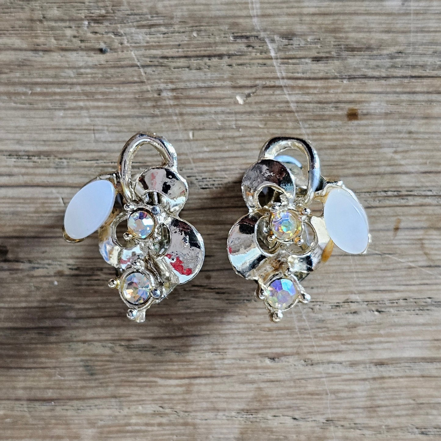 1960s silver-tone, diamante & white lucite clip-on earrings