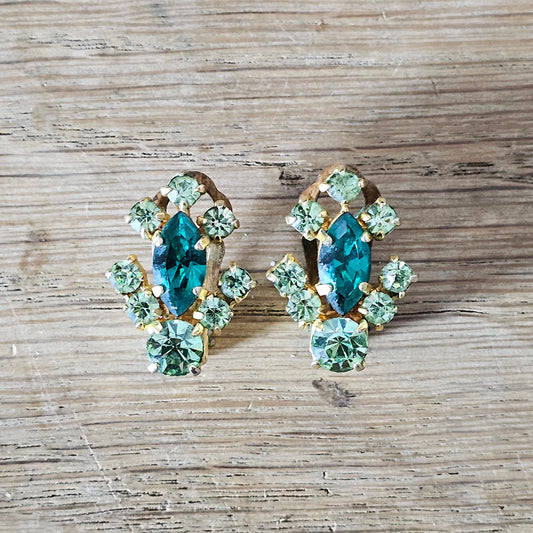 1950s green rhinestone & gold-tone clip-on earrings