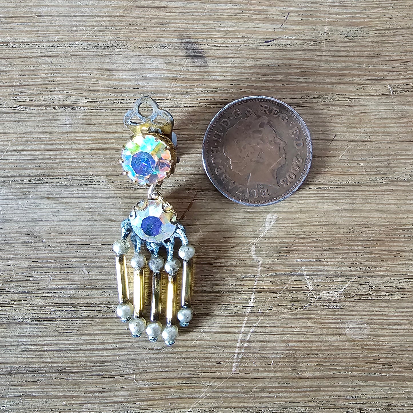 1960s Aurora Borealis rhinestone & amber bugle bead drop clip-on earrings