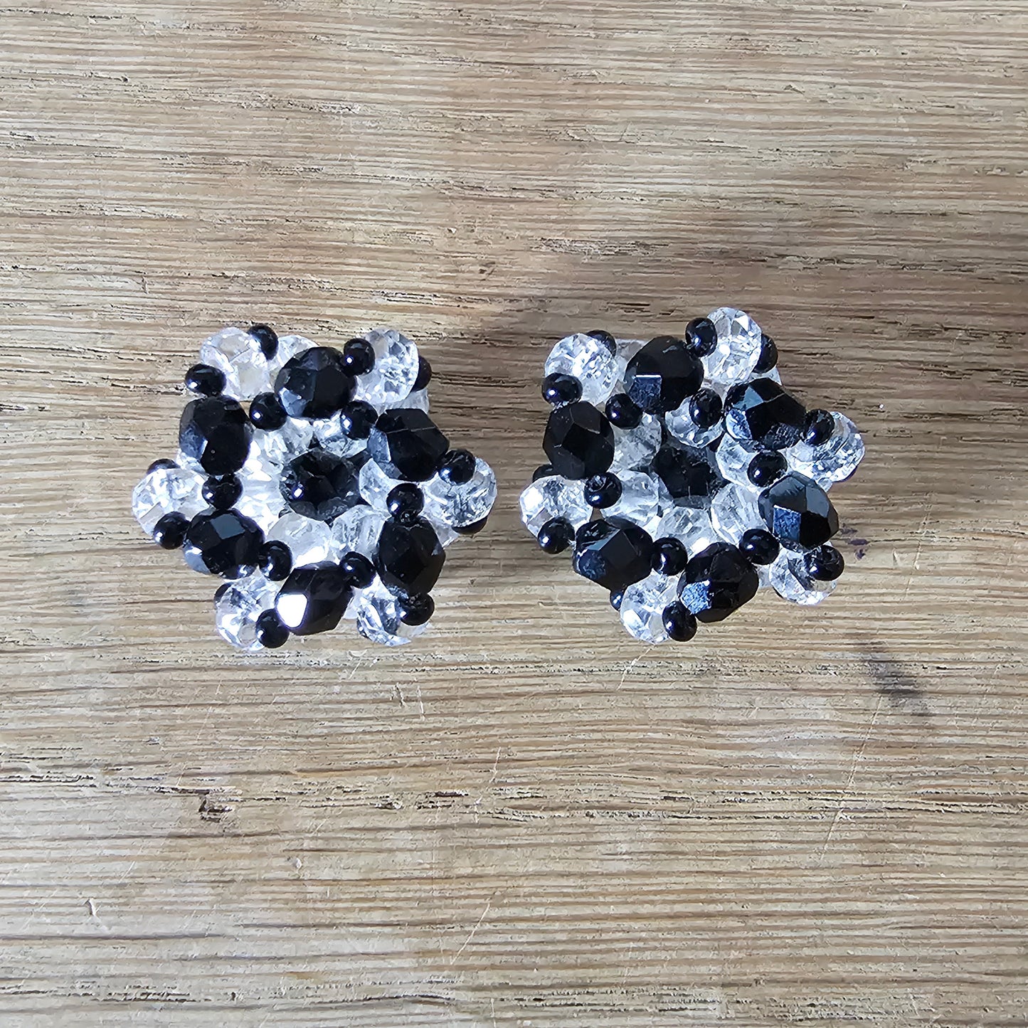 1950s black & clear glass bead cluster clip-on earrings