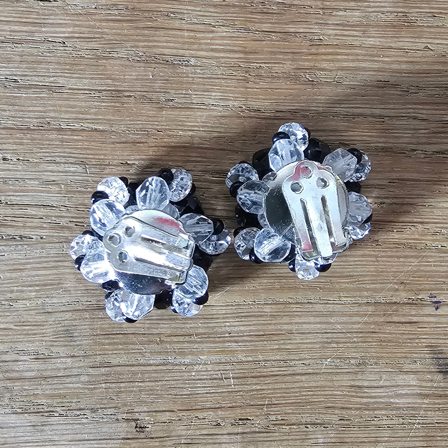 1950s black & clear glass bead cluster clip-on earrings