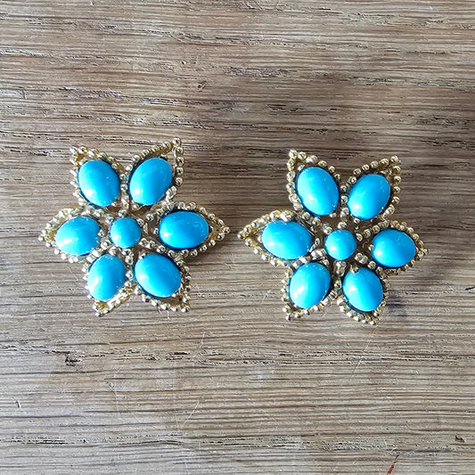 1960s large gold-tone & turquoise cabochon flower clip-on earrings