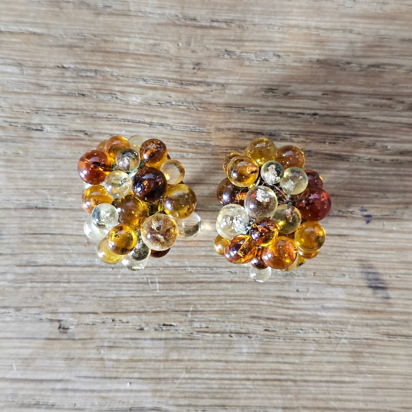 1950s amber-coloured glass cluster beaded clip-on earrings