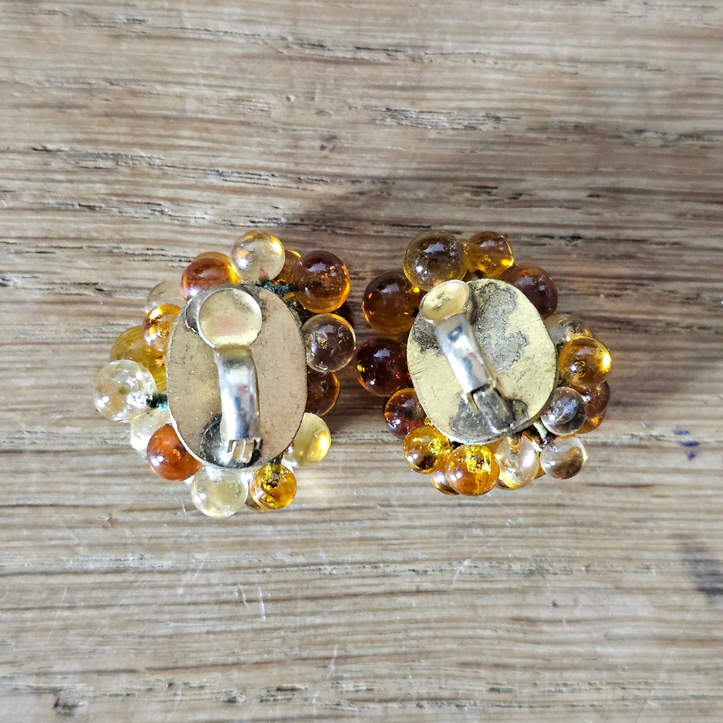 1950s amber-coloured glass cluster beaded clip-on earrings