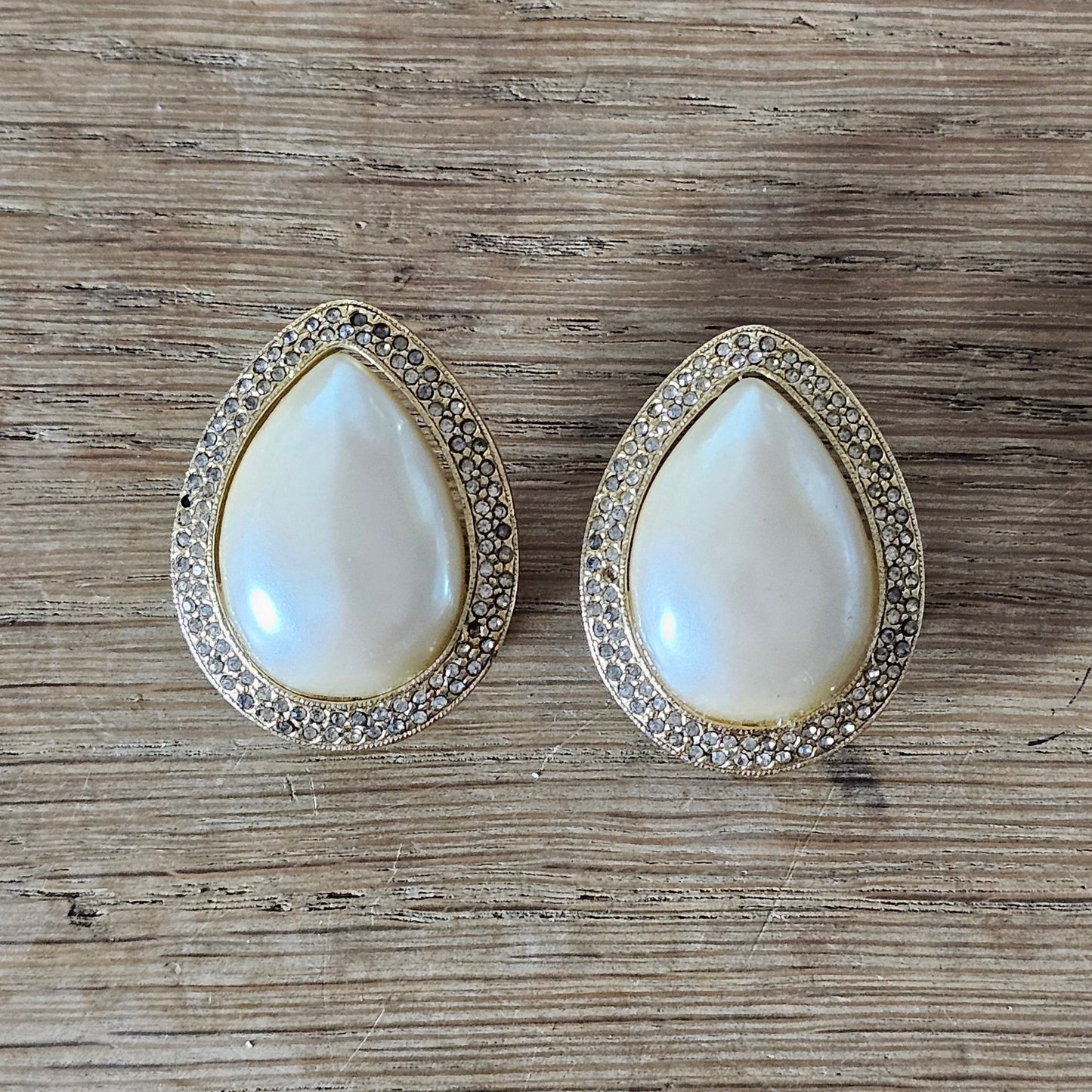 1980s heavy faux pearl & diamanté tear-drop clip-on earrings