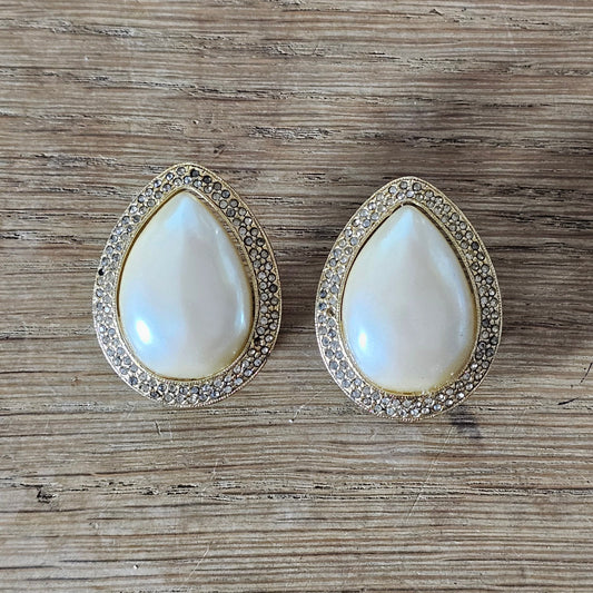 1980s heavy faux pearl & diamanté tear-drop clip-on earrings