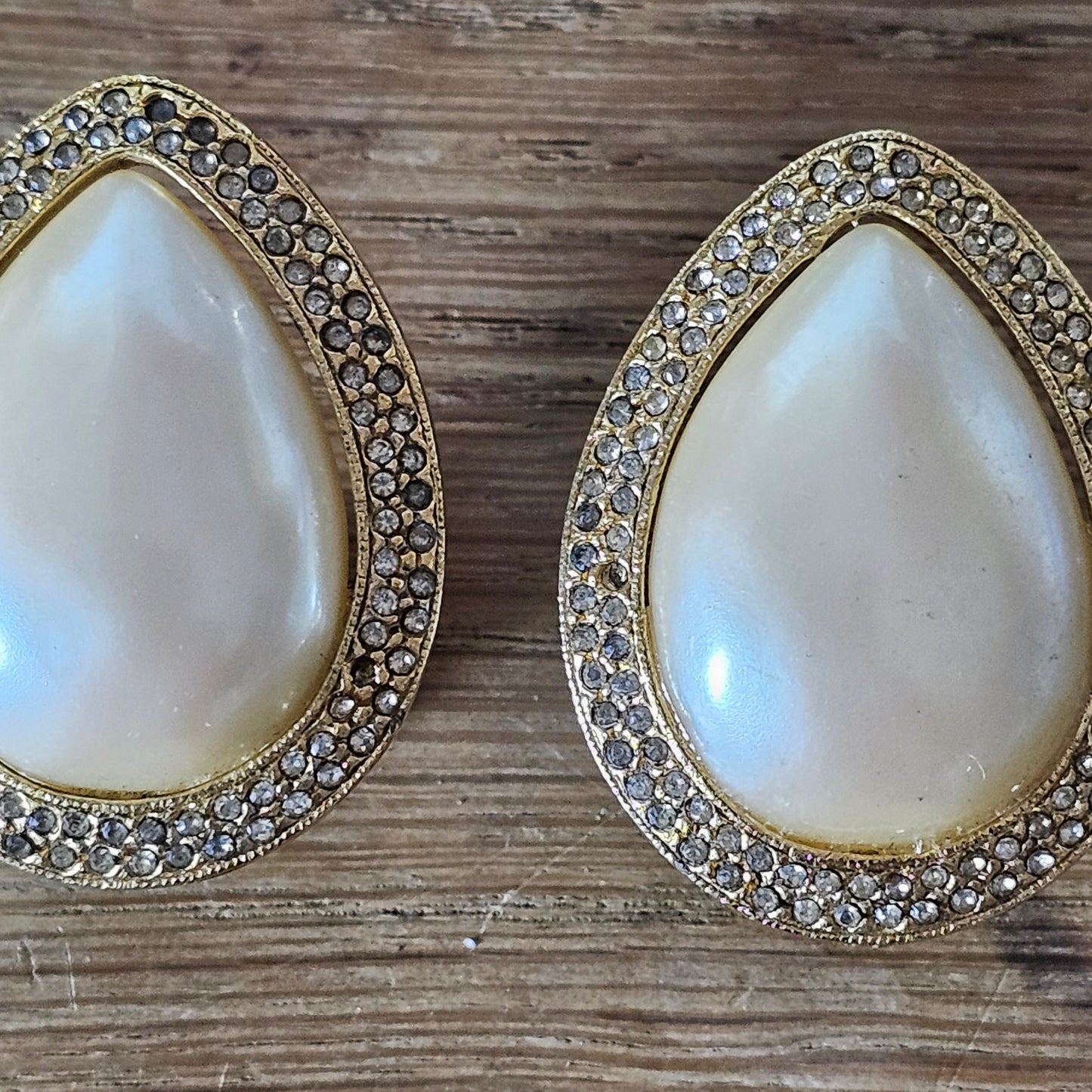 1980s heavy faux pearl & diamanté tear-drop clip-on earrings