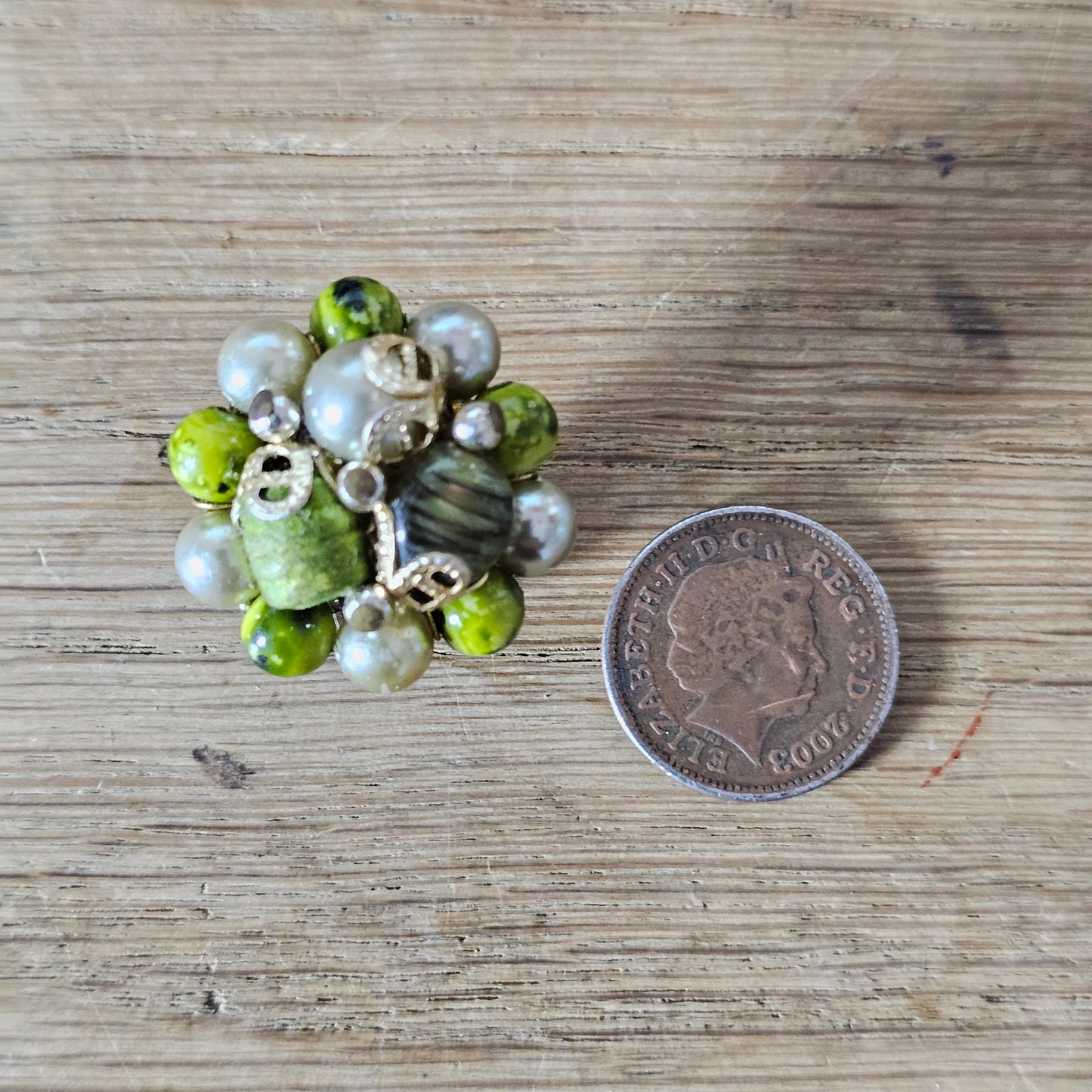 Late 1950s gold-tone, faux pearl & green glass bead cluster clip-on earrings