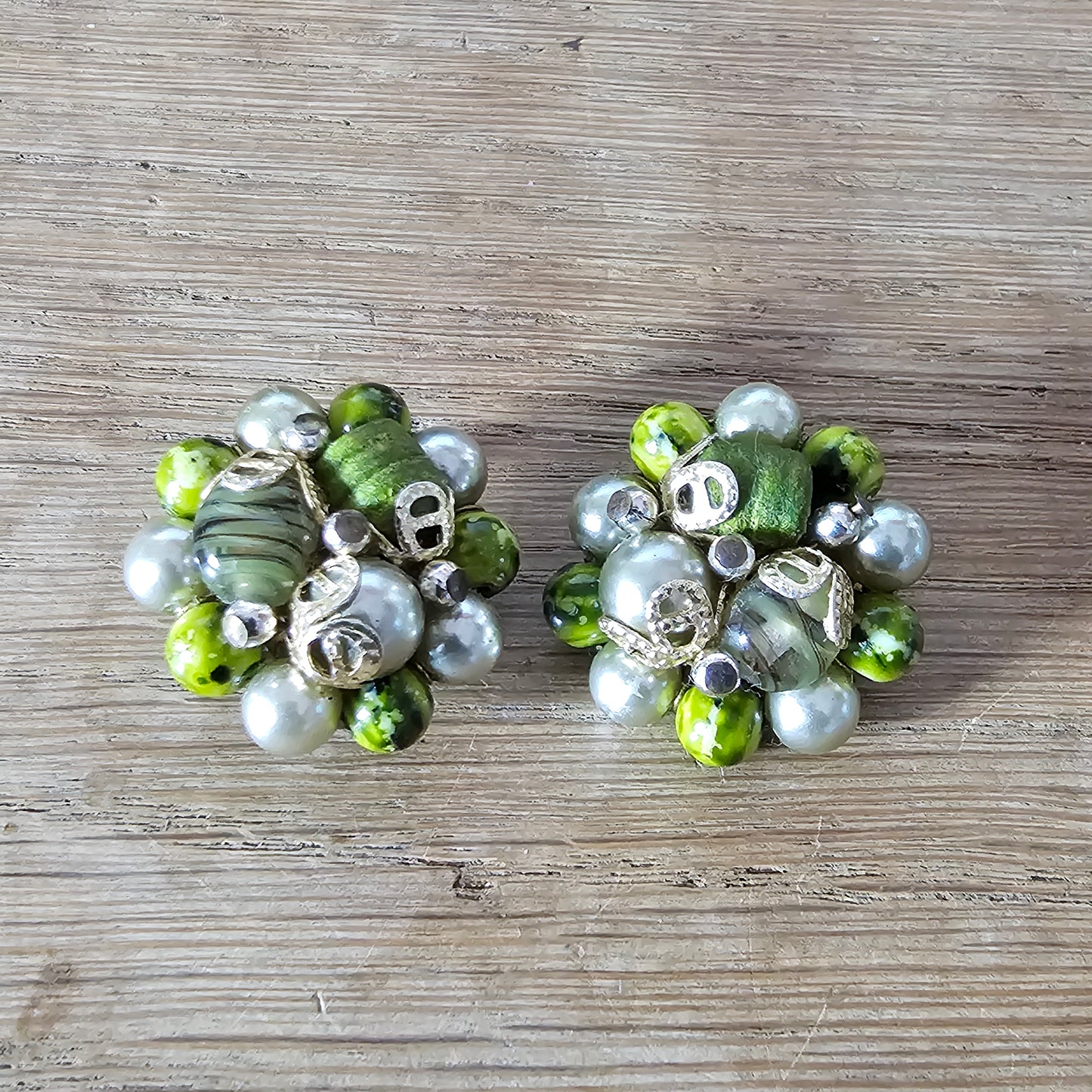 Late 1950s gold-tone, faux pearl & green glass bead cluster clip-on earrings