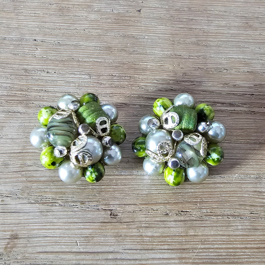 Late 1950s gold-tone, faux pearl & green glass bead cluster clip-on earrings