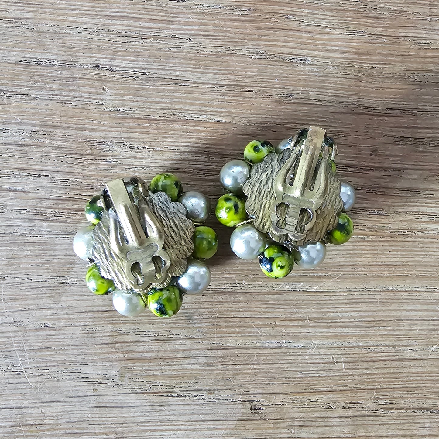 Late 1950s gold-tone, faux pearl & green glass bead cluster clip-on earrings