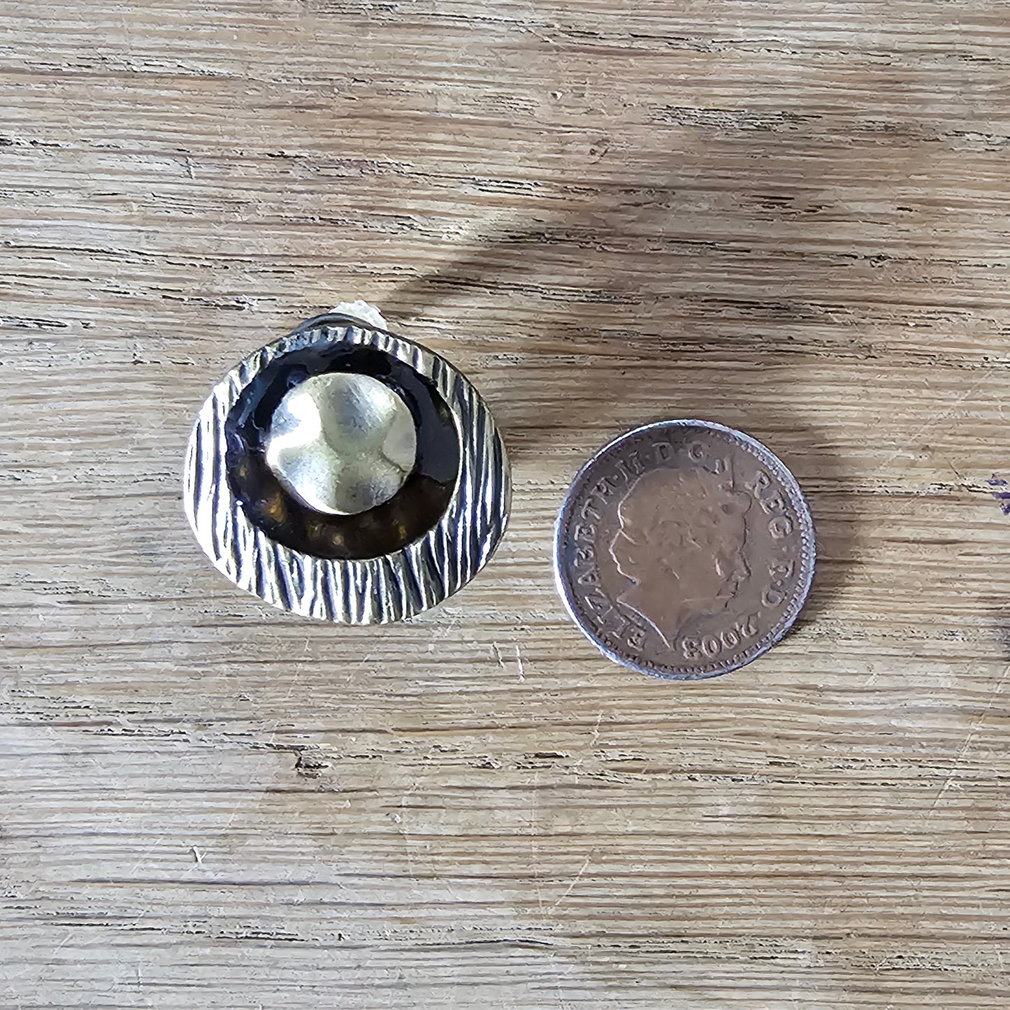 Late 1980s modernist textured gunmetal & bronze enamel button clip-on earrings
