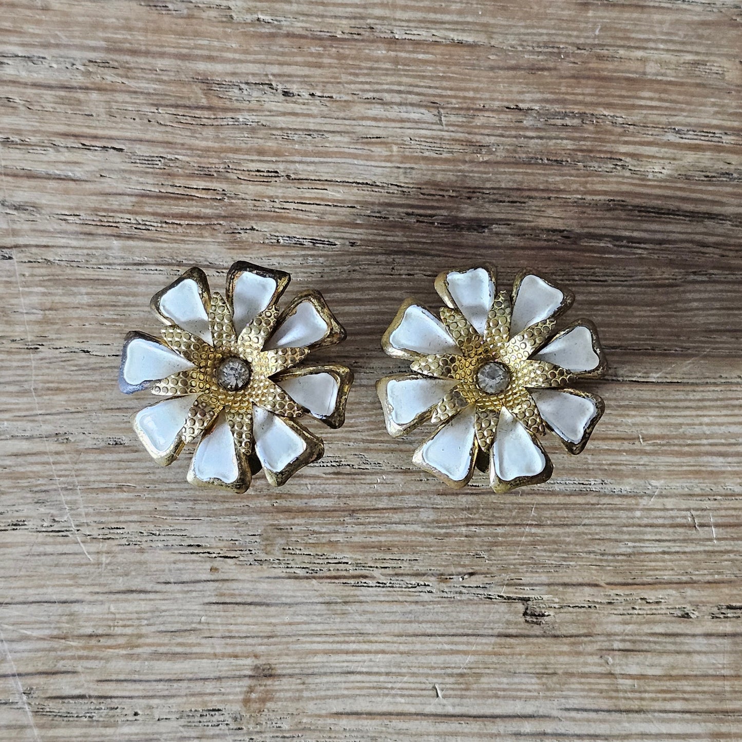 1950s enamel daisy clip-on earrings with diamanté centres