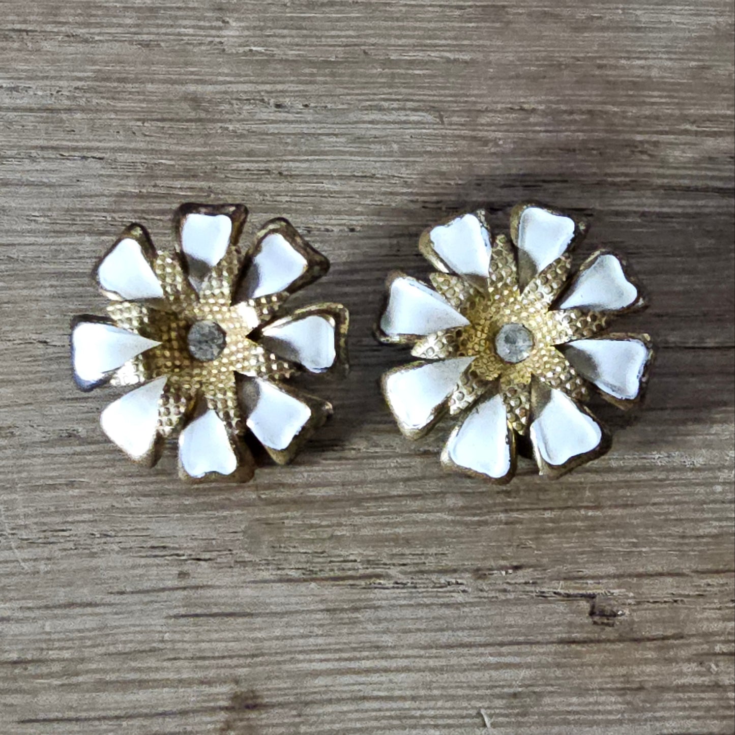 1950s enamel daisy clip-on earrings with diamanté centres