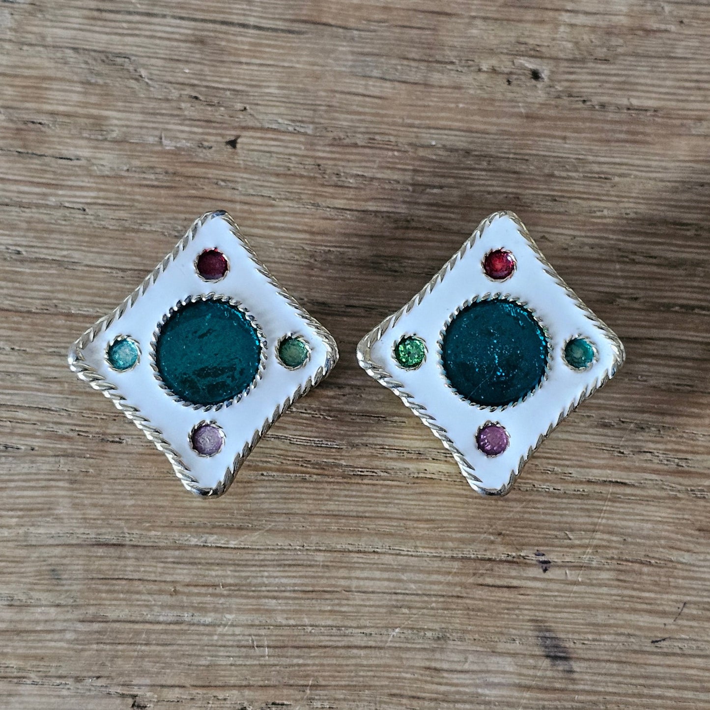 1980s white enamel square clip-on earrings with multicolour spots & gold-tone trim