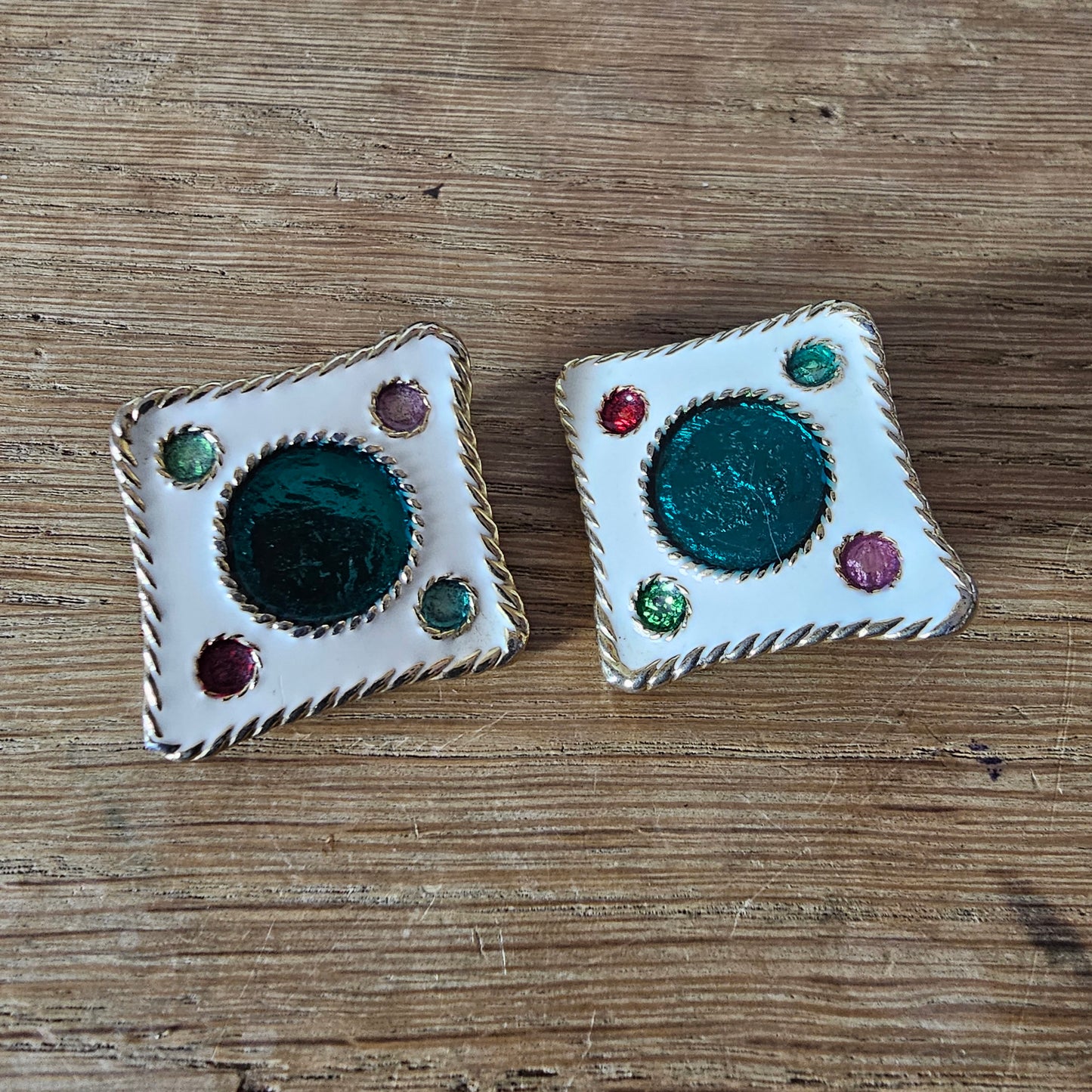 1980s white enamel square clip-on earrings with multicolour spots & gold-tone trim