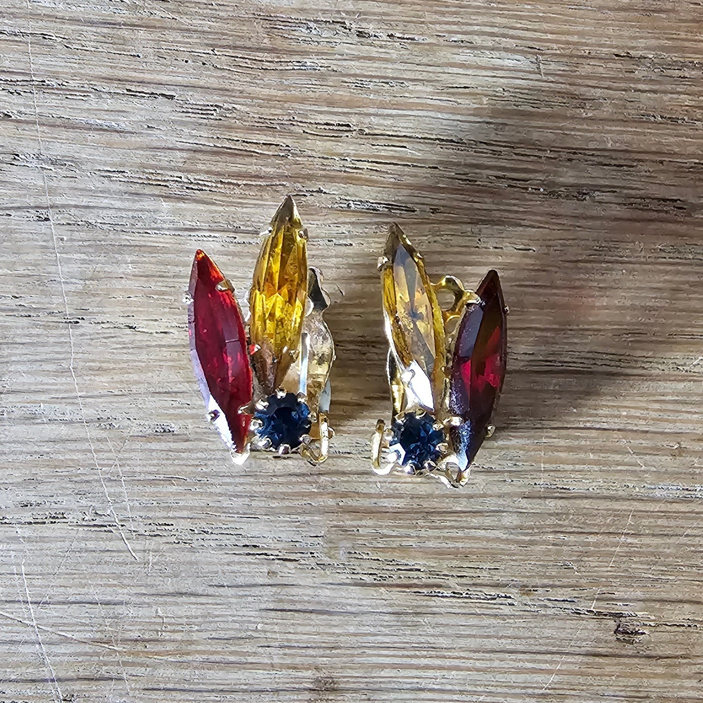 Late 1950s glamour gold-tone & multicoloured glass clip-on earrings