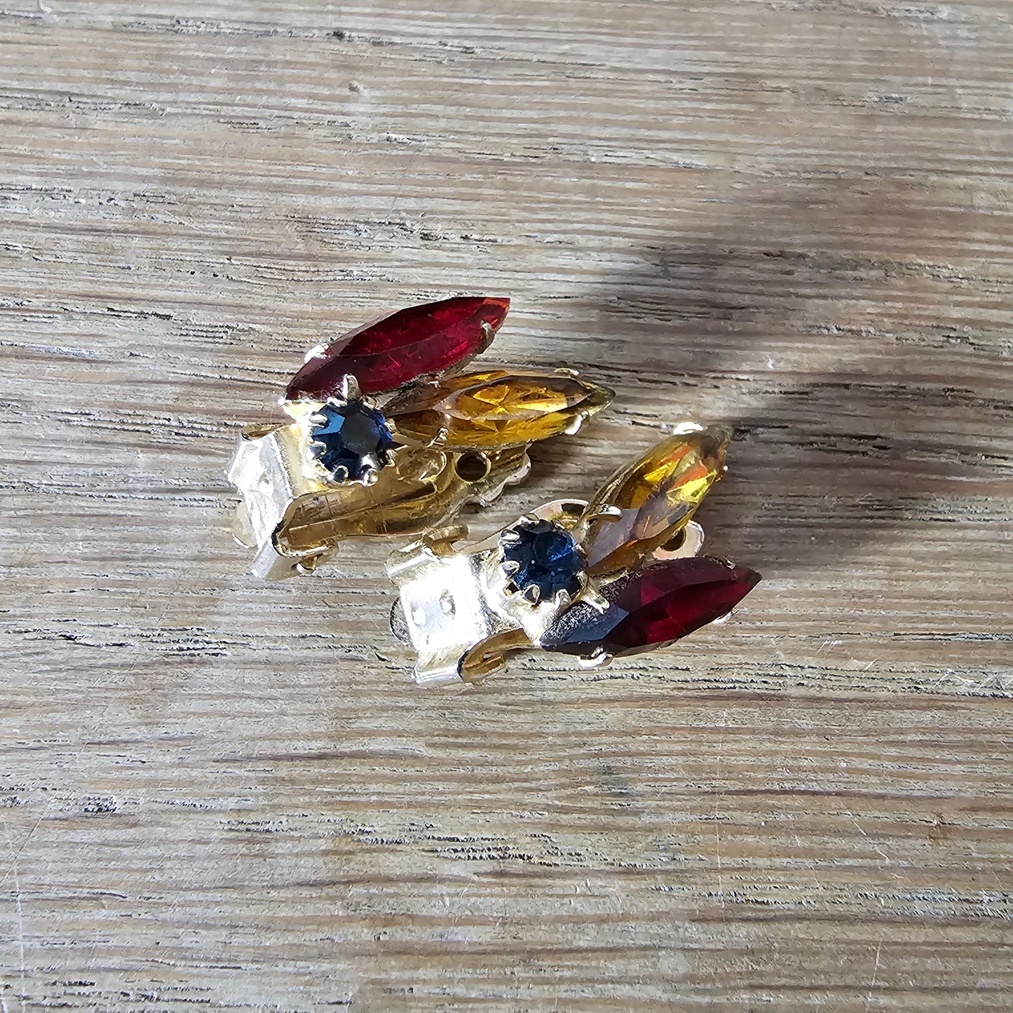 Late 1950s glamour gold-tone & multicoloured glass clip-on earrings