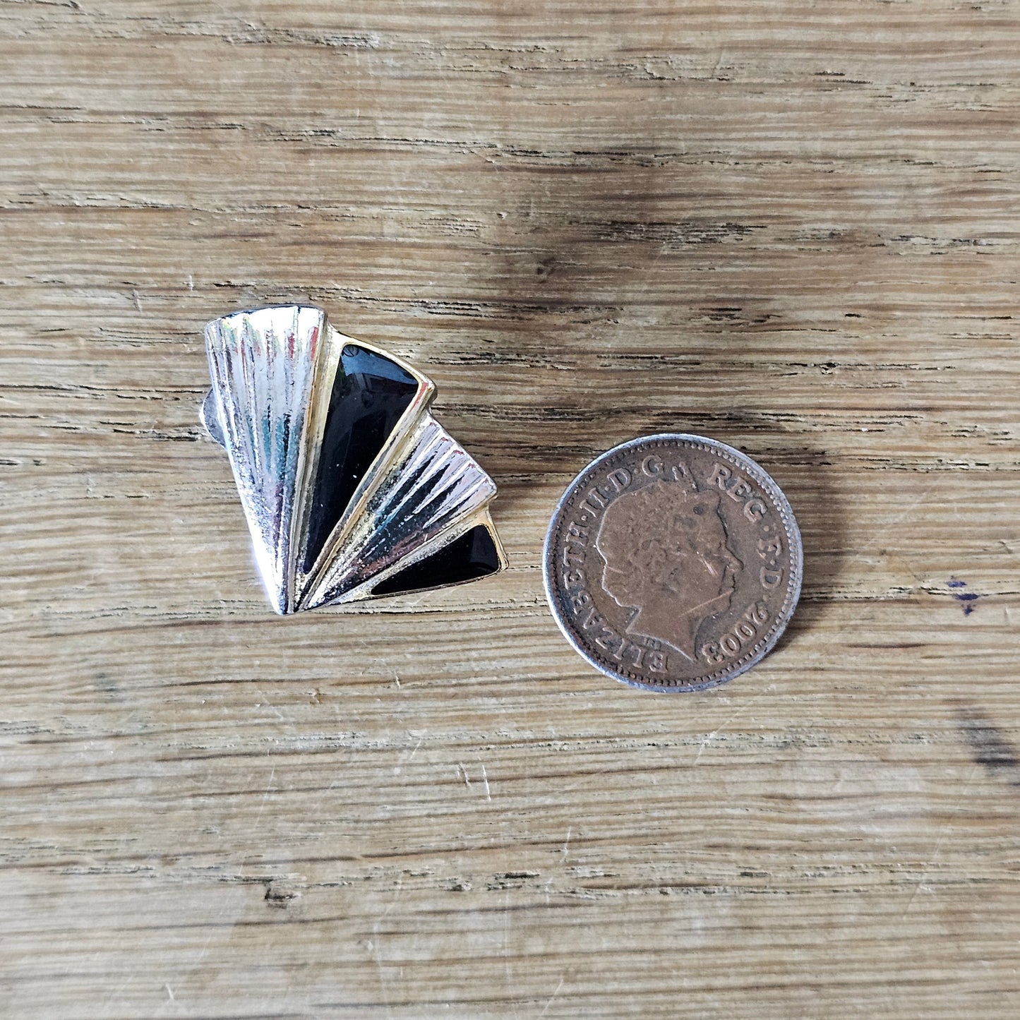 1980s black enamel & silver-tone fan clip-on earrings
