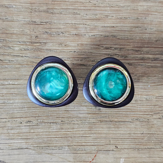 1980s black & gold-tone clip-on earrings with iridescent green cabochon centre