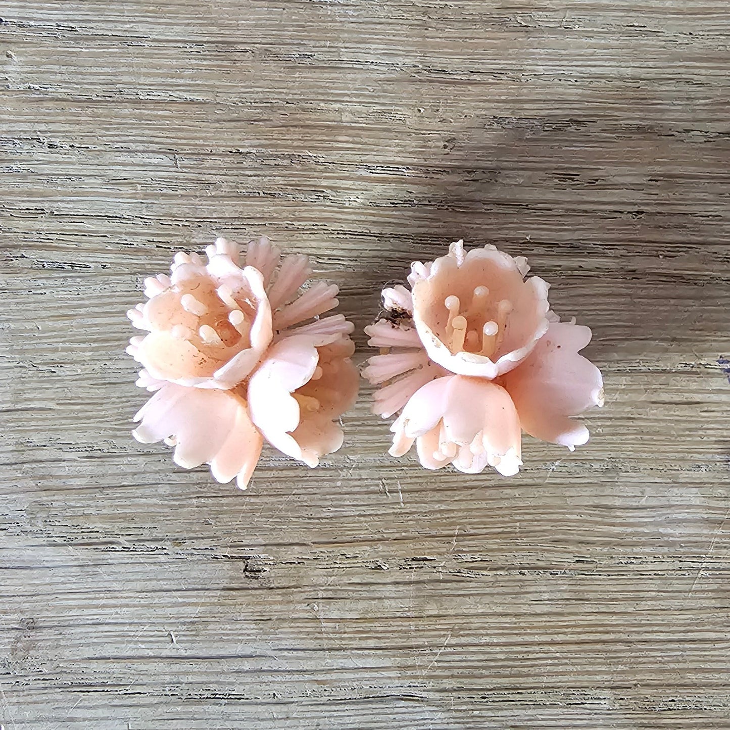 1940s peach plastic 3D floral clip-on earrings
