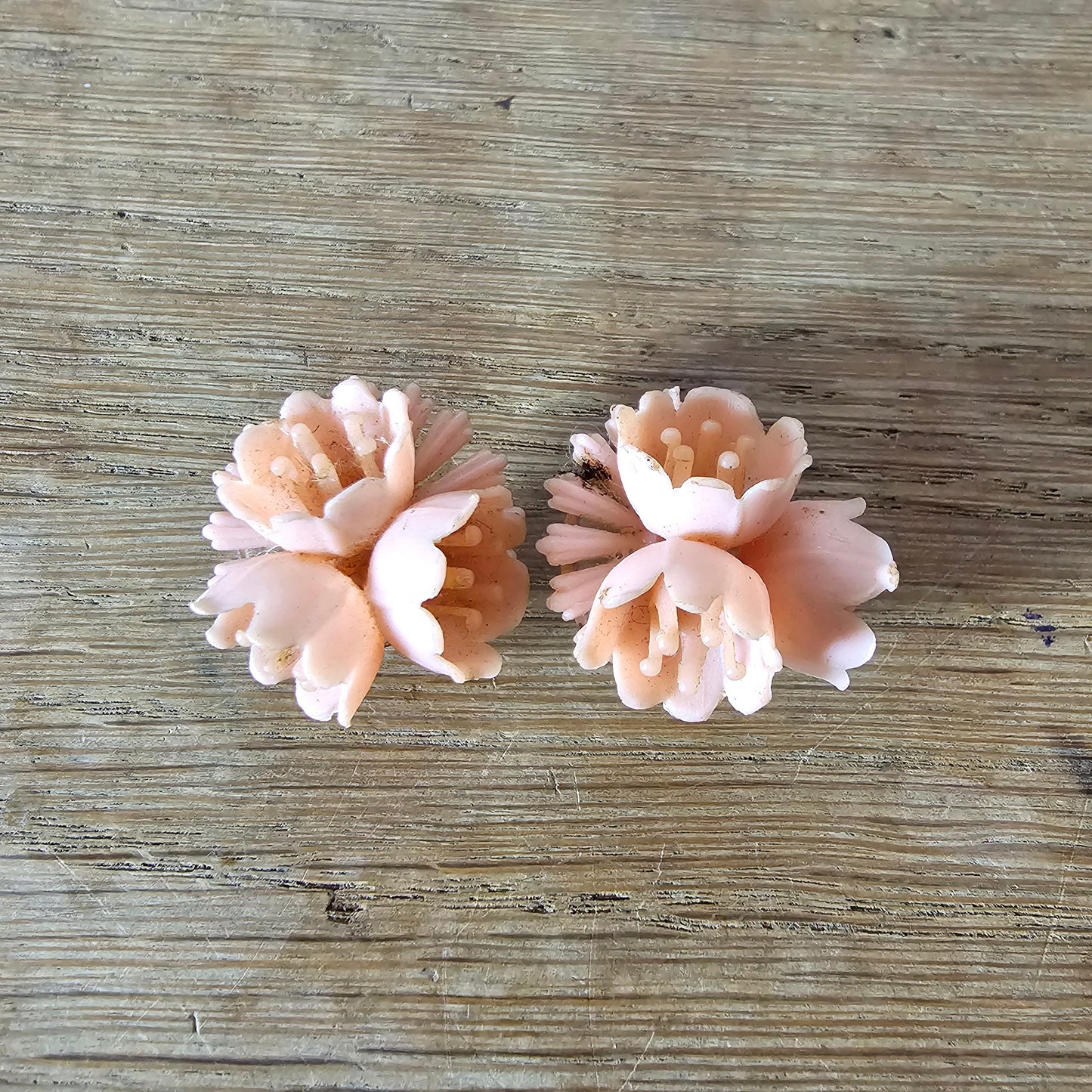 1940s peach plastic 3D floral clip-on earrings